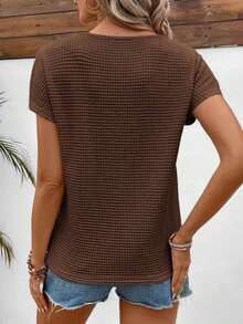 Camiseta de manga corta con hombros caídos de tela de gofre con textura de encaje para mujeres con mangas de murciélago - Café integral - Ver 2