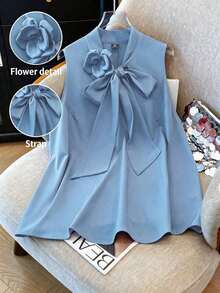 Blusa elegante y versátil de talla grande para mujer, sin mangas, de unicolor con diseño floral 3D, adecuada para uso diario en primavera/verano y atuendo minimalista de oficina - Celeste - Ver 7