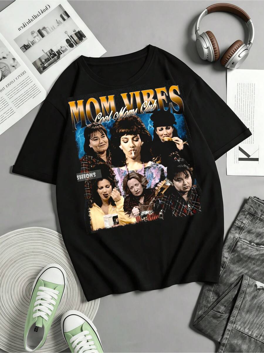 T-shirt graphique Mom Vibes Moms Club, T-shirt vintage sur le thème de la maternité - Noir - Voir 1
