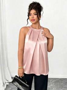 Camiseta sin mangas con pliegues 3D elegante para mujer de talla grande, versátil para fiesta, té de la tarde, ir al trabajo, color caqui - Rosa - Ver 6