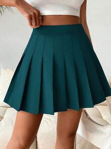 Falda pantalón casual de talle alto con pliegues y rayas para mujer - Verde Caza - Ver 3