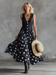 Sleeveless Chiffon Maxi Dress With V-Neck, Polka Dot Print, Buttons And A-Line Cut For Women, Casual Bohemian Style, With Flared Hem. - 黑色 - 查看 4