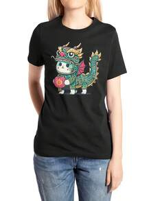 Camiseta de manga corta para mujer, diseño de moda, cómoda y transpirable, con diseño de gato dragón lindo - [Negro] - Ver 1