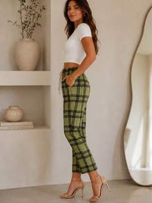 Pantalón Corto pierna recta Cuadros Dama Mujer Casual de Uso Diario Con Bolsas y Cintura Ajustable - Verde - Ver 3