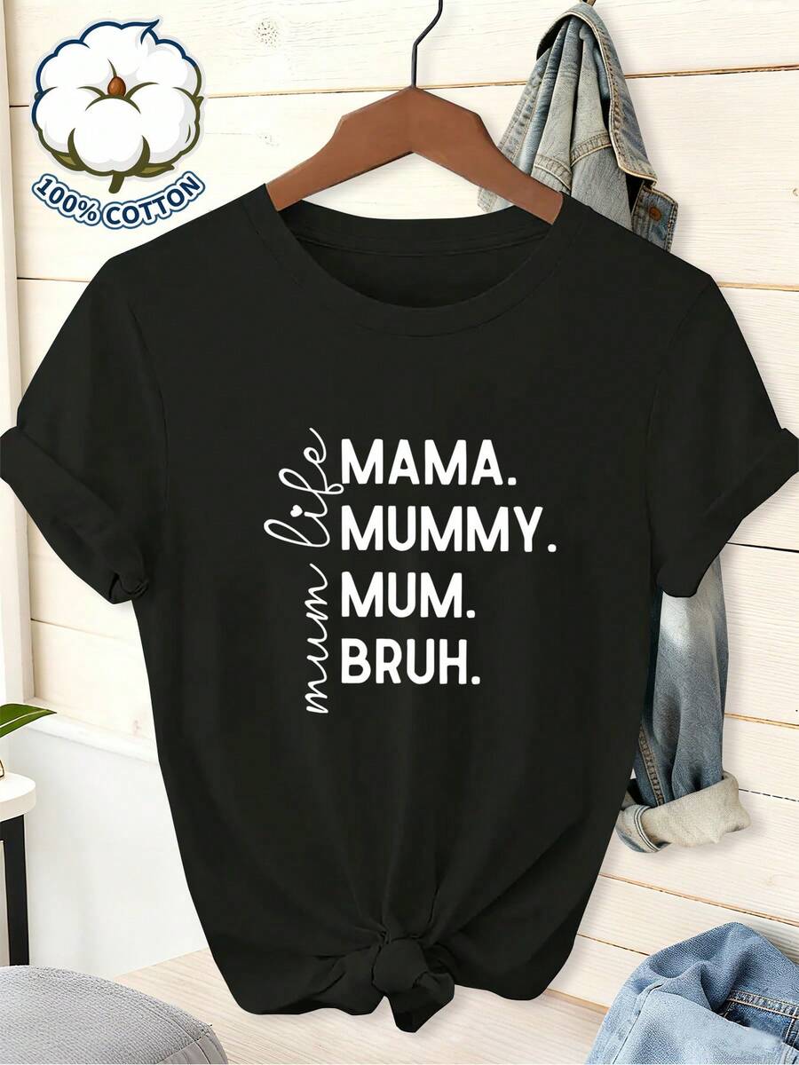 100% Purísima Short Sleeve Round Neck T-Shirt With Printed Design And Mixed Fonts, Including Words Like MAMA, MUMMY, MUM, , And The Handwritten Phrase 'Mum Life', Creating A Fun Typographic Design With A Versatile And Comfortable Fabric - 黑色 - 查看 1