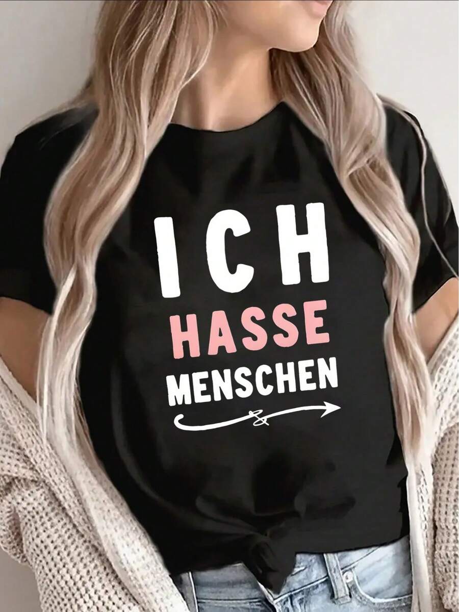 1 pieza de camiseta de manga corta con estampado ICH HASSE MENSCHEN, adecuada para uso casual en casa, cafeterías o salidas, diseño ligero y duradero, ajuste cómodo, ideal para uso diario, 180g 100% algodón. - Negro - Ver 1