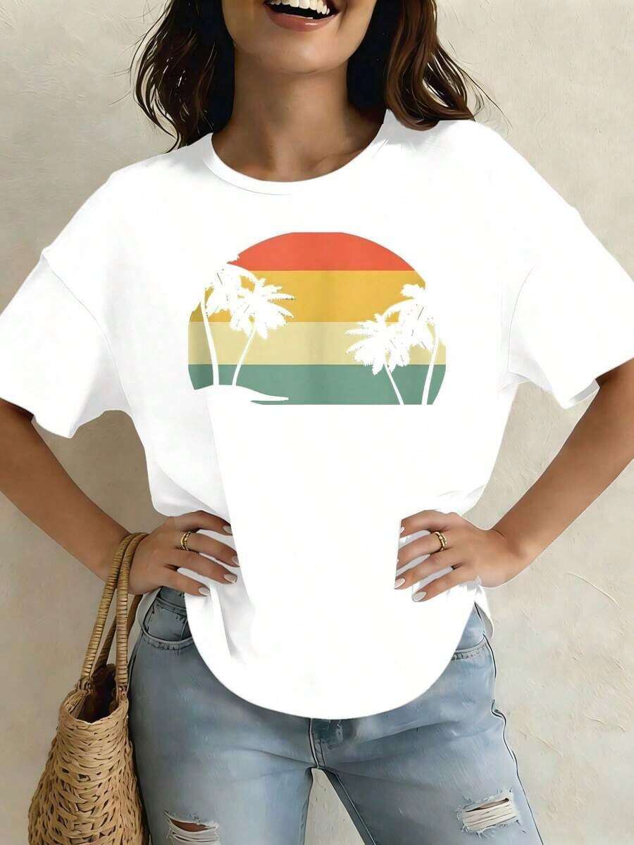Camiseta genial informal para mujer, con estampado de aceite, agua, crema, árbol, fruta, palma y mantequilla, ligera, de cuello redondo y manga corta, para el verano, ropa para vacaciones de verano, adecuada para festivales y uso diario. - Blanco - Ver 1