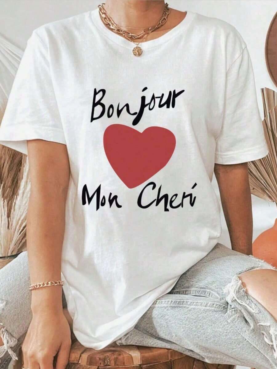 Camiseta de manga corta con cuello redondo y estampado para mujer, casual y cómoda para atuendos informales, combinación de estampado y cuello redondo cómodo, tu elección perfecta para el verano. Adecuada para primavera, verano y otoño. - Blanco - Ver 1