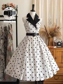 Vestido de verano de longitud media sin mangas con estampado de lunares, elegante y apropiado para ir al trabajo - Multicolor - Ver 8
