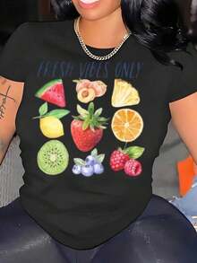 Camiseta Casual con Estampado de Frutas, Estilo Veraniego, Ropa Casual para Mujeres y Niñas, Perfecta para Playa, Picnic o Salidas Diarias, 220g, 100% Algodón, Resistente - Negro - Ver 2