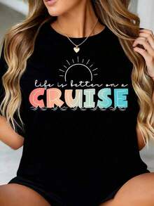 La vida es mejor en un crucero - Camiseta gráfica para mujer - Divertida camiseta de verano con diseño de sol y olas, corte holgado informal, blanca, para la playa y los viajes, cuello redondo, 100% algodón. - Negro - Ver 1