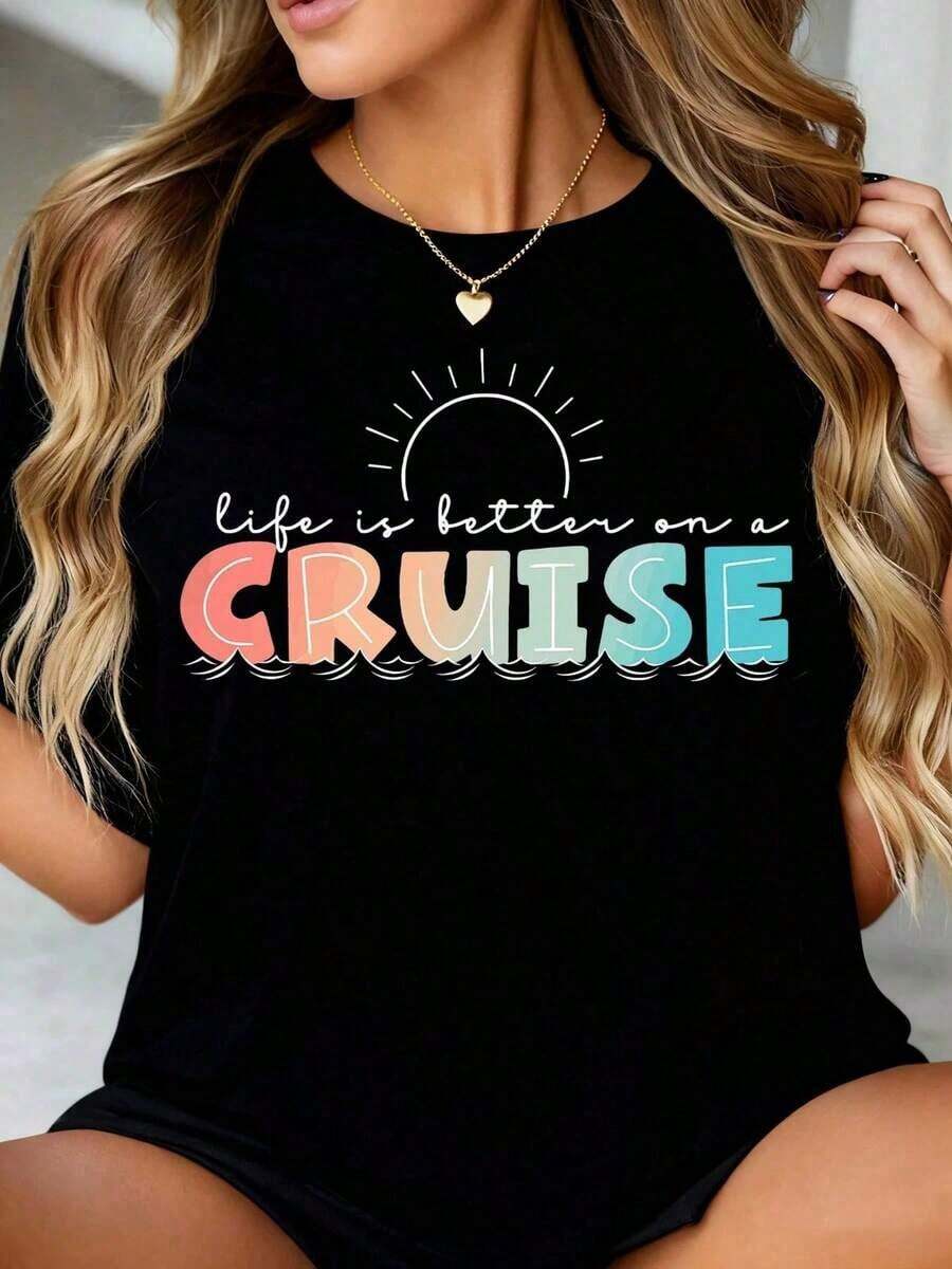 La vida es mejor en un crucero - Camiseta gráfica para mujer - Divertida camiseta de verano con diseño de sol y olas, corte holgado informal, blanca, para la playa y los viajes, cuello redondo, 100% algodón. - Negro - Ver 1