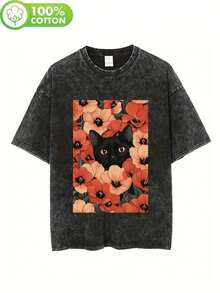 1 camiseta de hombre de 230g de peso pesado, lavada, con estampado de gato negro y margarita roja, ribete blanco, corte holgado, cuello redondo de manga corta, adecuada para estilo callejero vintage y atuendos de fiesta de Halloween, ropa casual para todas las estaciones, lavable a máquina, 100% algodón. - Negro - Ver 2