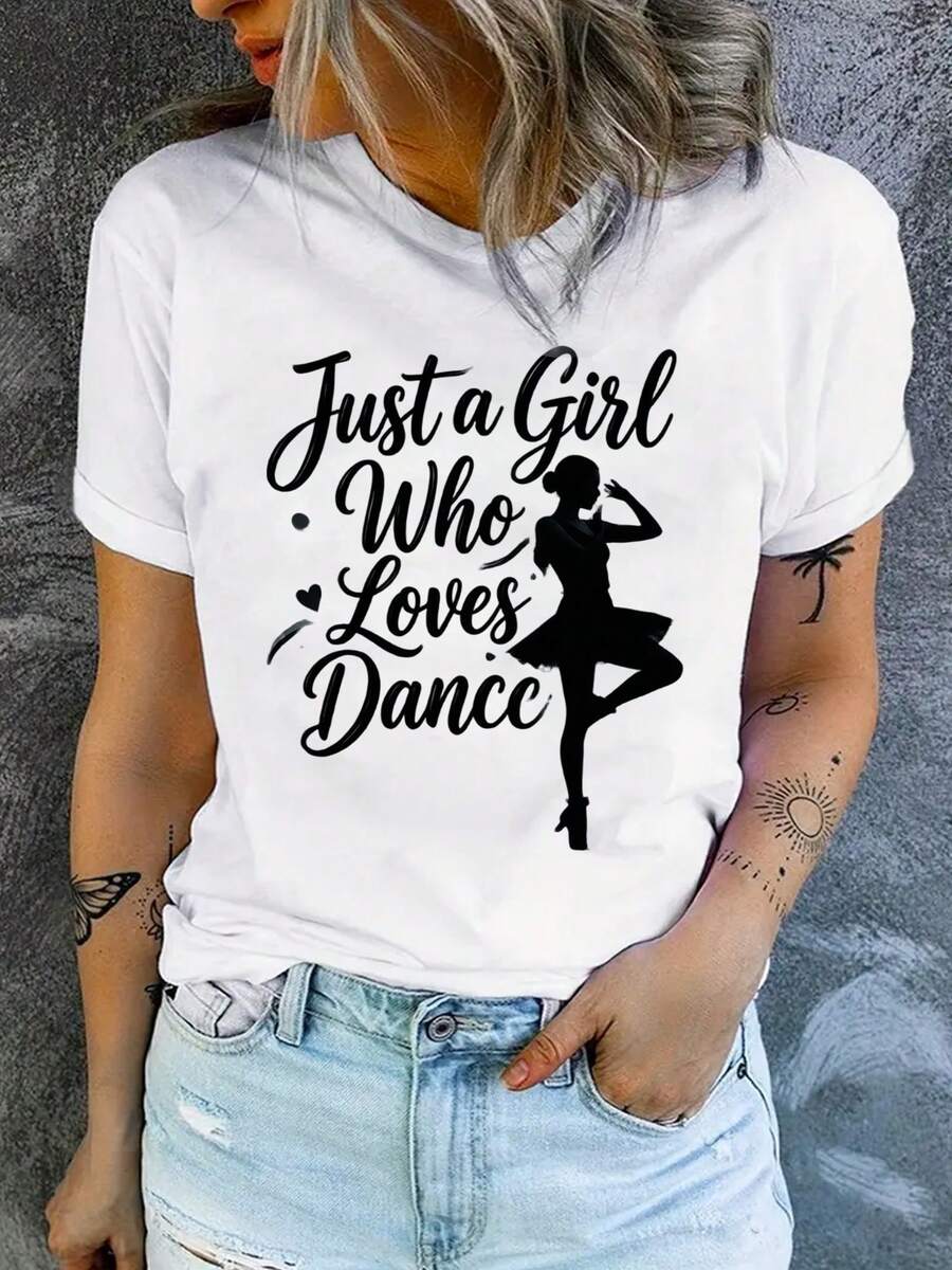 Camiseta de manga corta para mujer, estilo casual de verano, Y2K, años 90, suave y cómoda, con el estampado "solo una chica que ama bailar", un atuendo atractivo para entusiastas del baile, - Blanco - Ver 1
