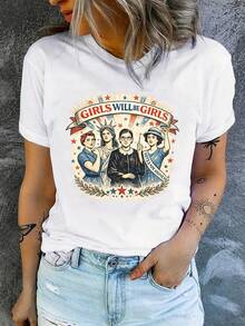Women's Casual Short-Sleeved T-Shirt, Ideal For Summer Vacation, Printed With The Words "GIRLS WILL BE GIRLS", Decorated With A Red Pattern Design And Four Feminine Illustrations (Red Scarf, Statue Of Liberty Crown, Short Hair, "She's The First" Banner), Soft Casual Summer T-Shirt. - 白色 - 查看 12