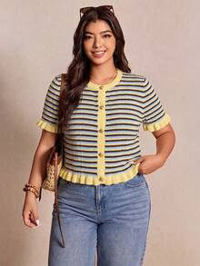 Plus Size Women's Summer Striped Patchwork Round Neck Metal Button Short Sleeve Knit Top, Paired With Cute Vintage Ruffle Decor, Suitable For Daily Dates And Photo Shoots. Striped Knit Top, Yellow Striped Knit Sweater, Summer Outfit, Multi-Color Striped Knit - Multicolor - View 6