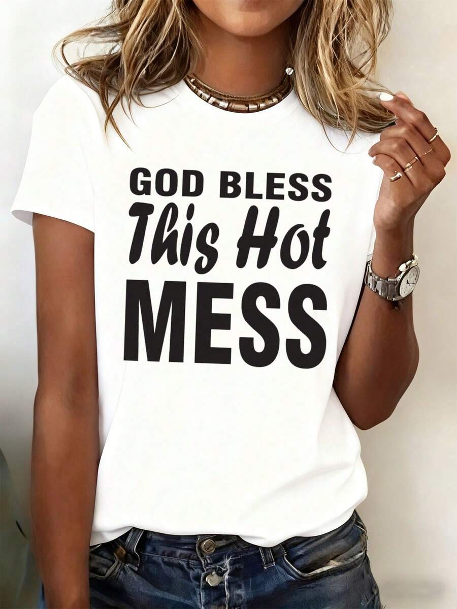 Women's 100% Cotton T-Shirt, Comfortable And Colorful, With The Slogan "God Bless This Chaos" - Short Sleeve T-Shirt, Round Neck, 100% Pure White, With A Fun Slogan, Suitable For Hip-Hop Style, Gym, Daily Wear And Halloween Costumes - Suitable For All Seasons. - 白色 - 查看 1