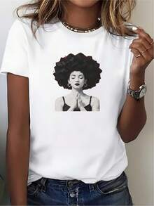 ¡100% algodón añade un toque de estilo a tu día! Camiseta de mujer con diseño único de retrato - El regalo familiar perfecto para festivales de verano y eventos de oficina. Camiseta de mujer de color sólido simple, corte holgado y ajustado, manga corta casual. - Blanco - Ver 7