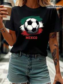 Camiseta de manga corta con estampado gráfico de fútbol de México, cuello redondo, informal, para mujer, algodón 180 g/m². Ideal como regalo para amigos o familiares, tanto para hombres como para mujeres. Tallas S-XXXL, color negro.100% Cotton - Negro - Ver 6