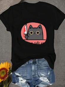 Una camiseta de mujer de manga corta, holgada, moderna, a la moda, retro y elegante, adecuada para actividades al aire libre en primavera y verano, con un diseño de un gato con cuchillo y la leyenda "Estoy furioso, pero lindo y adorable".Es una camiseta casual de cuello redondo, cómoda y suave para mujeres.blusas para mujer,blusas casuales para dama,tops,, mujer premium,y2k,playeras de mujer curvy,ofertas y liquidaciones ropa mujer,playeras deportivas para mujer,,playeras de hombre, mujer,blusas>elegante DIU5 - Negro - Ver 8