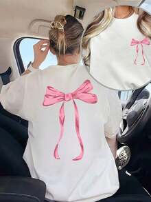 Under The Radar Printed Pattern [Double-Sided Design] Pink Bow Print + Short Sleeve Crew Neck T-Shirt, Loose Fit, Casual And Fashionable, Loose Top, Sexy, Sweet And Cute For Women, Summer/Spring, Simple And Fashionable Design T-Shirt - Unisex Loose Cotton Short Sleeve Crew Neck T-Shirt, Vintage Urban Style - Vintage Street Style Unisex Loose Cotton Short Sleeve Crew Neck T-Shirt - 白色 - 查看 1