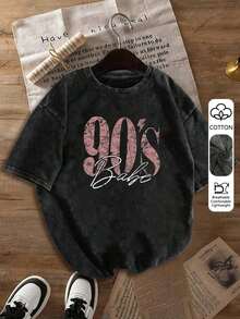 1 Piece Women's Plus Size 80s Retro Graphic T-Shirt - Loose Fit, Large Letter Print, Casual, Short Sleeve, Crew Neck, Machine Washable, Comfortable, Relaxed Fit, Fun Design, Cotton Fabric, Suitable For Daily Wear, Urban Retro Style, Black, Summer, 180g, 100% Cotton - 黑色 - 查看 2