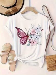 Camiseta de cuello redondo para mujer con estampado de mariposa y flores en color blanco - Corte relajado, tela lavable a máquina, imprescindible para el verano, la primavera y el otoño, ideal para vacaciones y atuendos casuales, moda de temporada, material no transparente. - Blanco - Ver 8