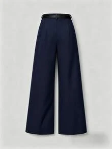 Mid-Waist Solid Color Elegant Straight Leg Pants With Belt Spring - Blue - View 4