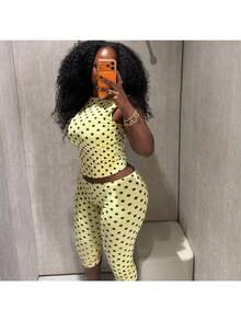Spring Women's Fashion Polka Dot Sleeveless Backless Top Sexy Slim-Fit Cropped Pants Set - 黃色 - 查看 2