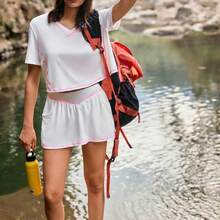 WanderVale RUN HIKE Women V-Neck Short Sleeve Top And Contrasting Trim Mini Skirt 2 Pieces Set Two Pieces Set Women Short Sleeve White Short Set Women Two Pieces Set Women Summer Comfortable Two Pieces Set Women's Short Sets Women's Summer Two Pieces Romper White Crop Top V Neck With Short Sleeve And Shorts With Pink Stitching,Casual,Spring Outfit, Summer Outfit For Women,Going Out Outfits - Blanco - Ver 7