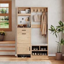 Garderoben-set, Wandgarderobe, Flurgarderobe Set mit Schuhbank, Garderoben Set mit 4 Kleiderhaken, 1 Schubladen und 2 Türen - Natur + Weiß + Spanplatte-1 - Übersicht 2