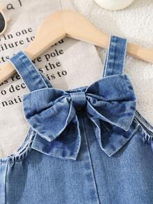 Toddler Girls Denim Overall Bow Front Wide Leg Jumpsuit Cute Baby Casual Outfit - Medium Wash - View 4