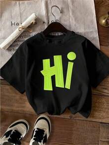 Women's Essential Casual T-Shirt, Comfortable And Versatile,  Short-Sleeved Crew Neck Tee For Ladies. Ideal For Valentine's Day, With A Fluorescent Green Letter Print, Made Of Soft Cotton For Everyday Wear. - 黑色 - 查看 7