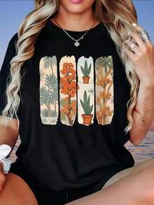 Women's Casual Tropical Plant Print T-Shirt, Summer, Loose Fit, White, With Palm Tree And Cactus Design, Women's T-Shirt, Fashion - 黑色 - 查看 1