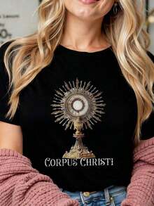 FashionNEW Women's Black T-Shirt With Corpus Christi Monstrance Design, Catholic Religious Style - Vintage Street Style Unisex Loose Cotton Short Sleeve Crew Neck T-Shirt - 黑色 - 查看 1