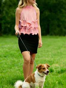 Women's Y2k Halter Flounce Tank Tops Solid Color Sleeveless Mock Neck Backless Layered Ruffle Flowy Blouse For Daily Office Party Wear - Pink - View 6
