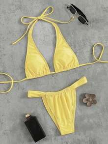 2026 Summer Women 2pcs Bikini Set, Pale Yellow Halter Neck Triangle Swimwear With Chic Mexican Sunflower Metal Pendant, Drawstring Adjustable Beach Vacation Cute Swimwear, Suitable For Beach, Pool, Summer Holiday, Valentine's Day - Yellow - View 5