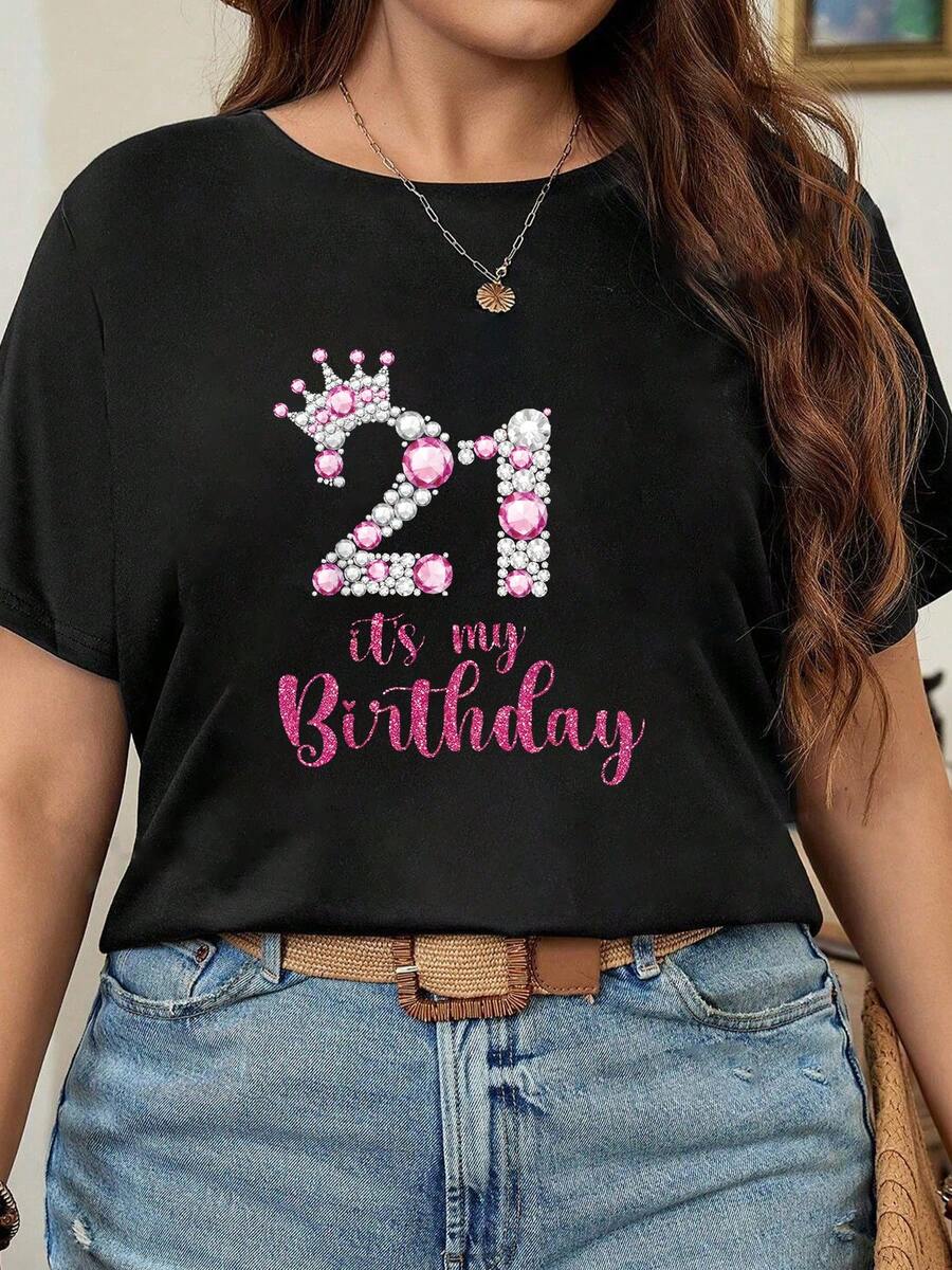 Plus Size 21. This Is A Printed T-Shirt With The Phrase "This Is My Birthday," A Casual Round-Neck, Short-Sleeved T-Shirt, Comfortable And Suitable For Spring And Summer, Women's Clothing. Elegant Party Outfit, T-Shirt For Elegant Ladies, Blouses Suitable For Curvy Women, Casual Wear, Cool And Sweat-Free Summer Clothing, Fun Letter Print. - 黑色 - 查看 1