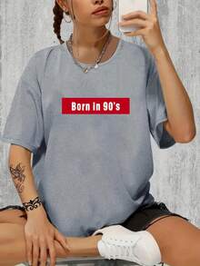 Plus Size Women's Casual Sports T-Shirt With "Born In 90's" Letter Print, Comfortable Fit Short Sleeve T-Shirt, Stylish And Breathable Casual Blouse For Women. - 淺灰色 - 查看 1