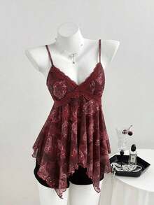 Top de mujer con estampado de leopardo y dobladillo asimétrico con encaje - Rojo 2 - Ver 3