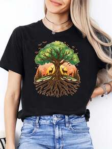 Women's Plus Size Casual Short-Sleeved Crew Neck T-Shirt, Ideal For Mother's Day, Made Of Slightly Stretchy Fabric, With A Deer Print, Suitable For Everyday Wear And Plus Size Needs. - 黑色 - 查看 1