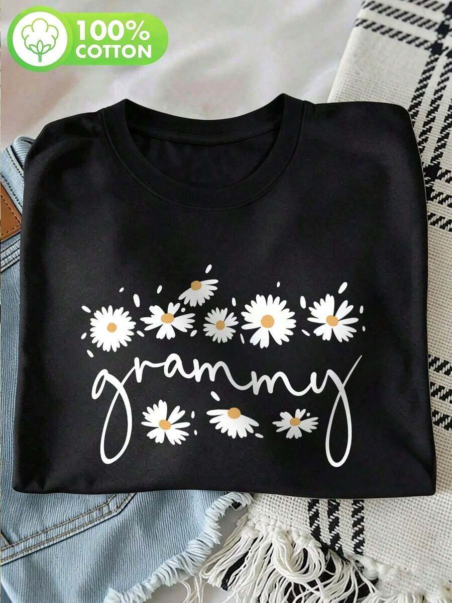 1 Piece Women's Grammy Daisy Floral Print Pure Cotton T-Shirt, Short Sleeve Crew Neck T-Shirt, Casual Summer Cute T-Shirt For Mother's Day, For Daily Wear, Casual And Comfortable - Grammy Gift, 180g, 100% Cotton. - 黑色 - 查看 1