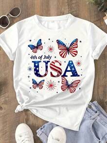 Women'S Casual Patriotic 4th Of July USA1 Print Lightweight T-Shirt, Crew Neck Short Sleeve Tops For Summer, Summer Vacation Clothing, Suitable For Festival & Daily WearPlayeras De Mujer Algodon Blusas Frescas Para El Calor Blusas Dama Playeras De Dama Playeras Mujer Blusa Blanca Playeras Basicas De Mujer Blusas Oversize Para Dama Playeras Oversize De Mujer  Y2k Mujer Verano Camisetas De Mujer Algodón Playeras Para Mujer Blusas Casuales Para Dama Envio Nacional - Blanco - Ver 8