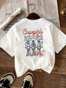 | Exquisite Design | Loose And Comfortable | Easy To Match | Double-Sided Printed T-Shirt, Western Cowboy Style, Bar Scene Print, Round Neck, Casual Short Sleeve For Women, Skin-Friendly Fabric, Classic Design, Spring And Summer Top, A Must-Have Fashion Item For Women. - 白色 - 查看 2