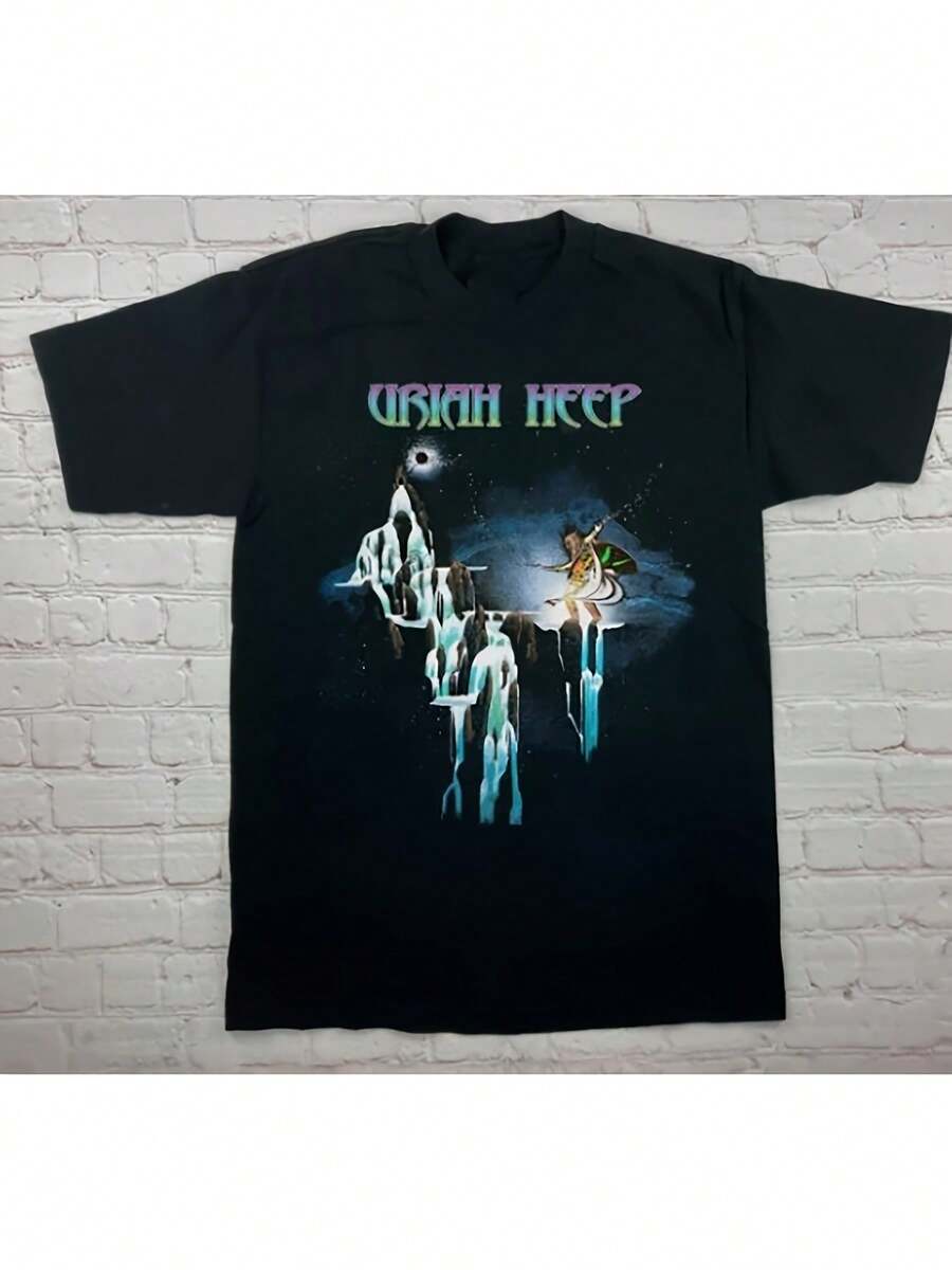 Oversized Casual T-Shirt, 100% Retro And Modern 2026. High-Quality Casual T-Shirt With Uriah Heep Demon 2026 Print. Modern Printed T-Shirt For Men. Loose Fit, Breathable And Soft. Suitable For Men's Daily Wear, At Home, In The Office, At Parties, Meetings And Travel. - 黑色 - 查看 1