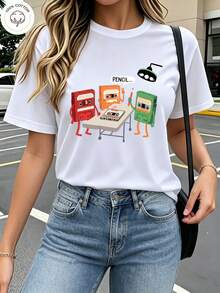 Women's Colorful Pencil Print T-Shirt - Casual Short Sleeve Crew Neck T-Shirt, Fun Cartoon Style Design On White Background, Relaxed Fit For All Seasons, Perfect For Daily Wear And Holiday Outfits (Machine Washable). - 白色 - 查看 7