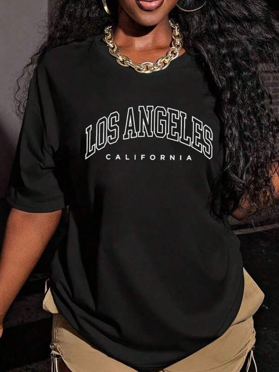 1 Pieza Camiseta Unisex Holgada 180g 100% Algodón Puro, Camiseta única estilo y2k con diseño elegante de Los Ángeles California, perfecta para destacarte en cualquier ocasión. Ideal para amantes de la moda urbana y las  contemporáneas. Talla única para un ajuste cómodo y moderno. Cómoda y versátil para escuela, trabajo, salidas y eventos casuales - Negro - Ver 1