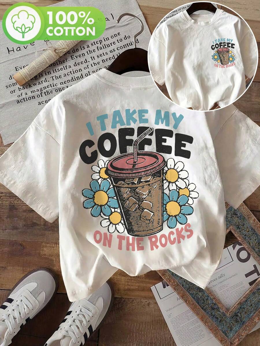 | Exquisite Design | Loose And Comfortable | Easy To Match | [Double-Sided Print] Fashionable Women's Top, Women's Summer Clothing, Vintage Style, Coffee Cup Print, Floral Print, Coffee Print, Round Neck, Pure Cotton, Short-Sleeved T-Shirt. - 白色 - 查看 1