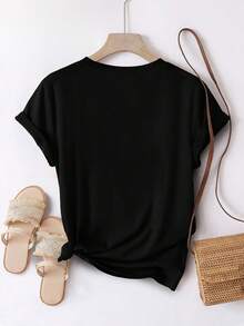 Women's T-Shirt - Elegant Printed T-Shirt For Women - Summer Fashion, Stylish Design, Comfortable And Breathable, Round Neck T-Shirt, Soft Material, Suitable For Daily Wear And Outdoor Activities In Autumn And Summer, Casual But Elegant Blouses For Women. - 黑色 - 查看 3