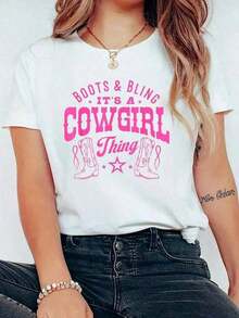 BreathableBoots And Bling Its A Cowgirl Thing Camiseta con estampado de vaquera para mujer, informal, de cuello redondo, manga corta, cómoda, para primavera y verano, ropa de mujer, fruncida, coqueta, activa, camisetas de mujer, corte ajustado, entallada, retro, algodón puro, activa, manga corta, informal, suave, ropa de descanso, athleisure. - Blanco - Ver 6